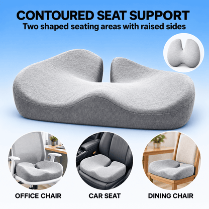 A contoured seat support cushion in light gray fabric, shown on a blue gradient background with marketing text reading 'CONTOURED SEAT SUPPORT' and three circular inset photos demonstrating use on an office chair, a car seat, and a dining chair.