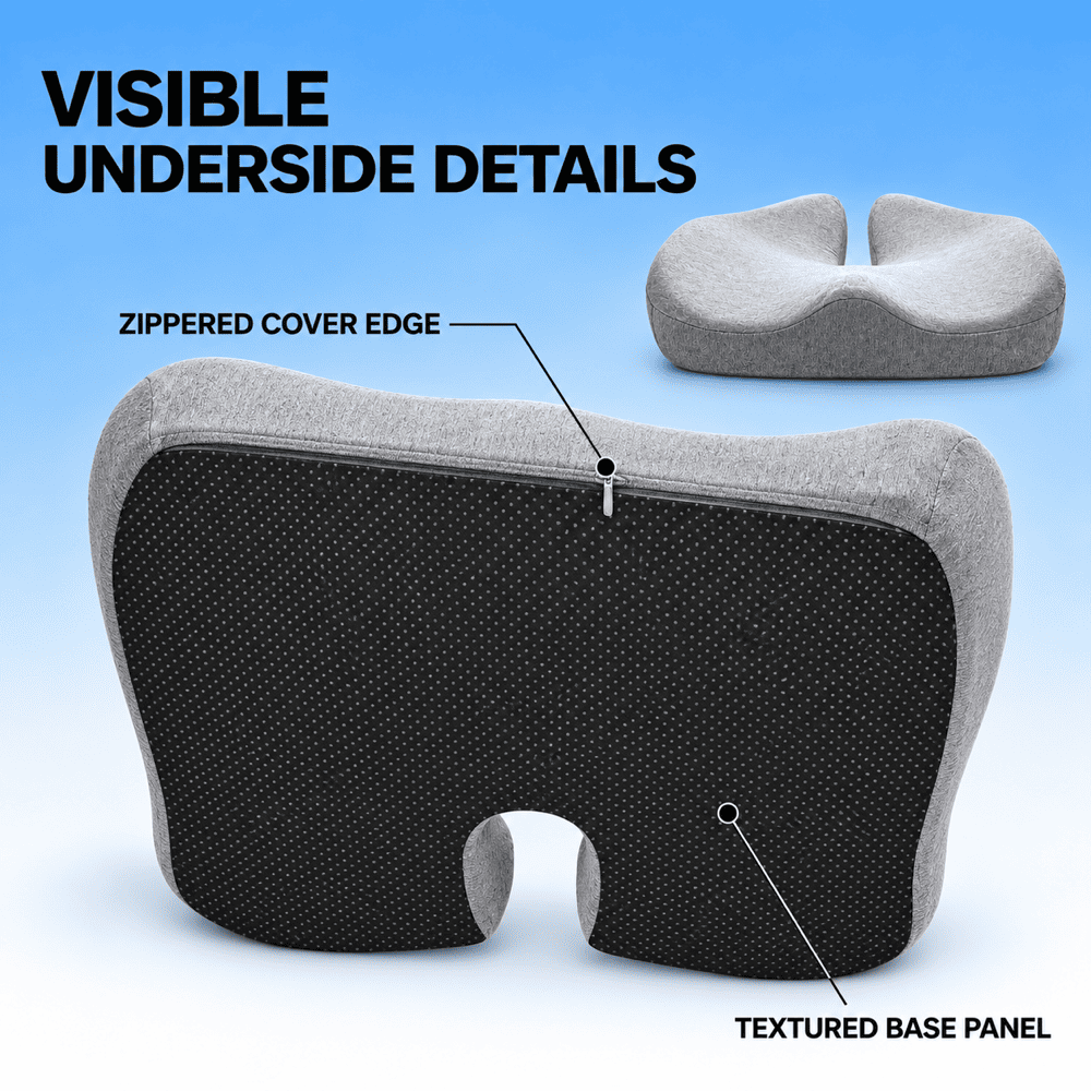 A split-view product graphic of a contoured travel neck pillow. The main view shows the front with a black textured base panel and light gray fabric sides, with callout lines pointing to the black panel and zipper edge.