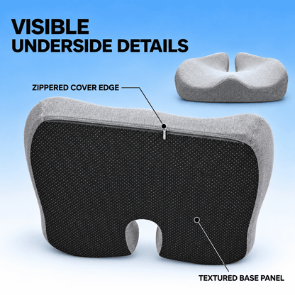 A split-view product graphic of a contoured travel neck pillow. The main view shows the front with a black textured base panel and light gray fabric sides, with callout lines pointing to the black panel and zipper edge.