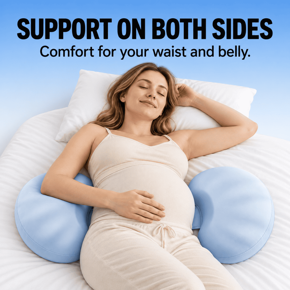 A pregnant woman lies on a bed using a light blue U-shaped maternity support pillow on both sides of her waist, with a white pillow behind her. Bold text at the top reads 'SUPPORT ON BOTH SIDES Comfort for your waist and belly.