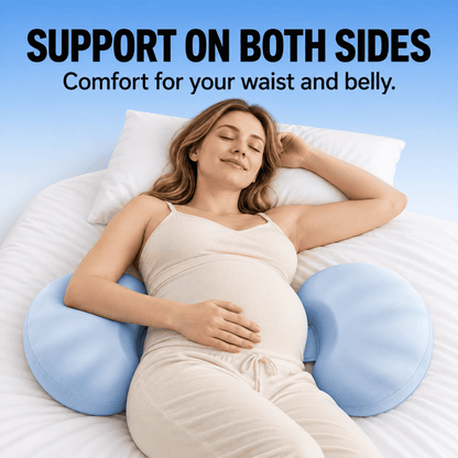 A pregnant woman lies on a bed using a light blue U-shaped maternity support pillow on both sides of her waist, with a white pillow behind her. Bold text at the top reads 'SUPPORT ON BOTH SIDES Comfort for your waist and belly.