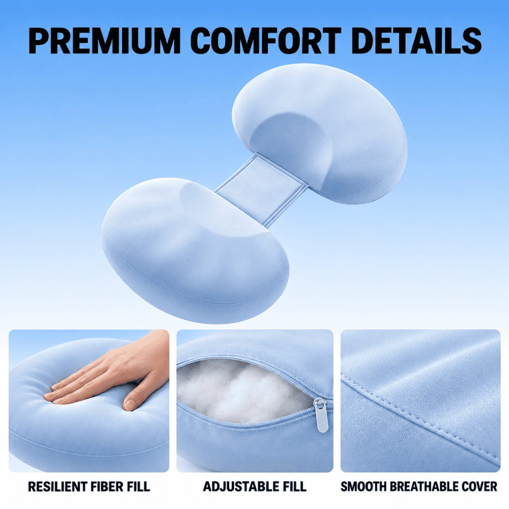 Light blue contoured lumbar pillow with a matching headrest, shown on a blue gradient background with text reading 'PREMIUM COMFORT DETAILS' and three feature close-ups below showing resilient fiber fill, adjustable fill, and a smooth breathable cover.