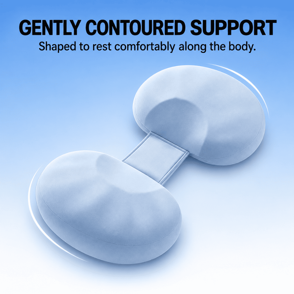 A light blue contoured support cushion with two rounded ends connected by a rectangular center section, shown on a blue gradient background with the text 'GENTLY CONTOURED SUPPORT' and smaller descriptive text above.