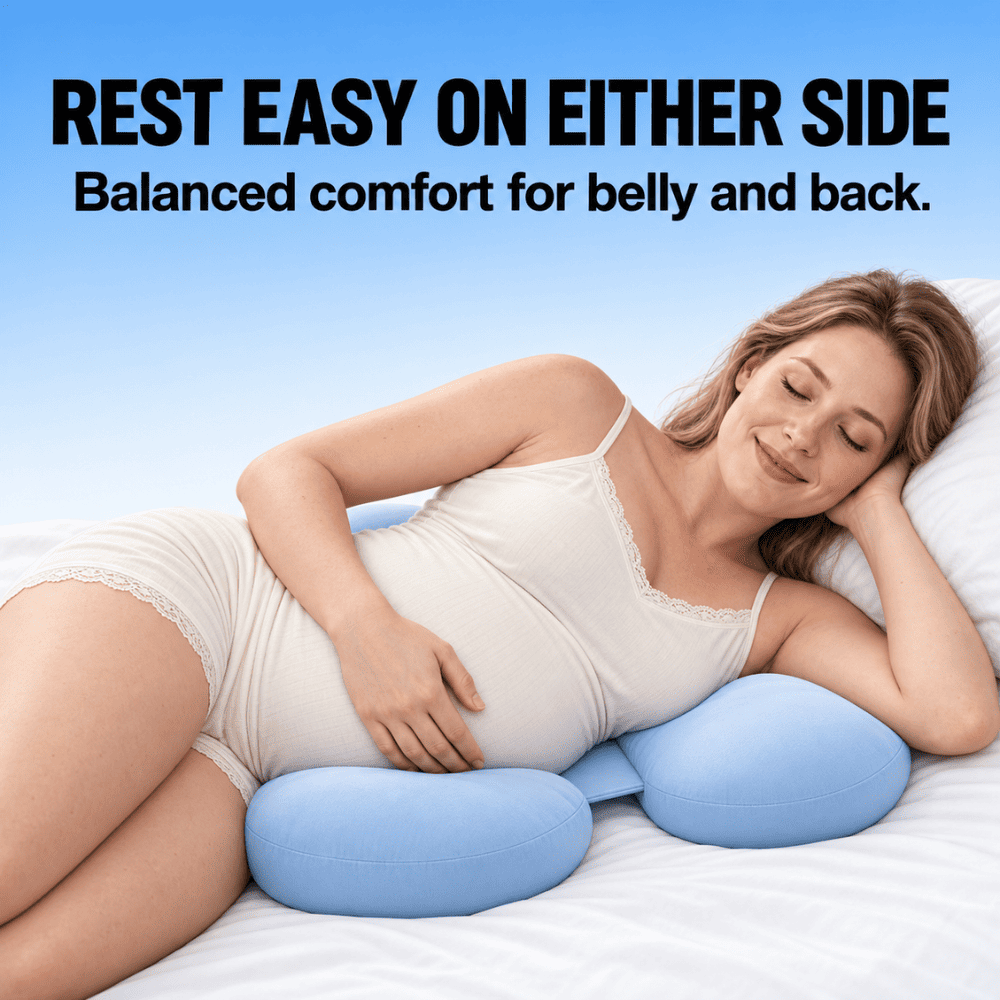 A pregnant woman reclining on a bed with a light blue U-shaped maternity pillow, with promotional text at the top reading 'REST EASY ON EITHER SIDE Balanced comfort for belly and back.'.