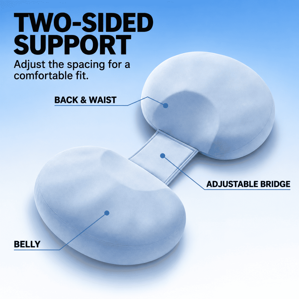 Two light blue contoured support pillows shown on a blue gradient background with callout labels reading BACK & WAIST, BELLY, and ADJUSTABLE BRIDGE, plus headline text 'TWO-SIDED SUPPORT' and 'Adjust the spacing for a comfortable fit.'.