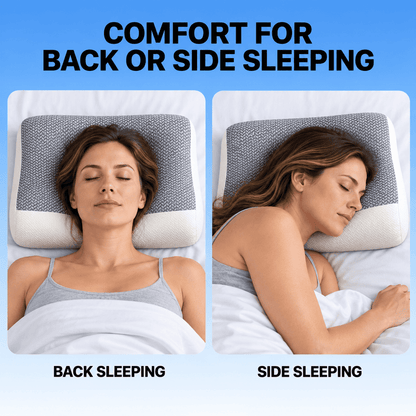 A promotional comparison graphic showing a woman sleeping on a pillow in two positions: back sleeping on the left and side sleeping on the right. Large text at the top reads 'COMFORT FOR BACK OR SIDE SLEEPING,' with labels 'BACK SLEEPING' and 'SIDE SLEEPING' below each panel.