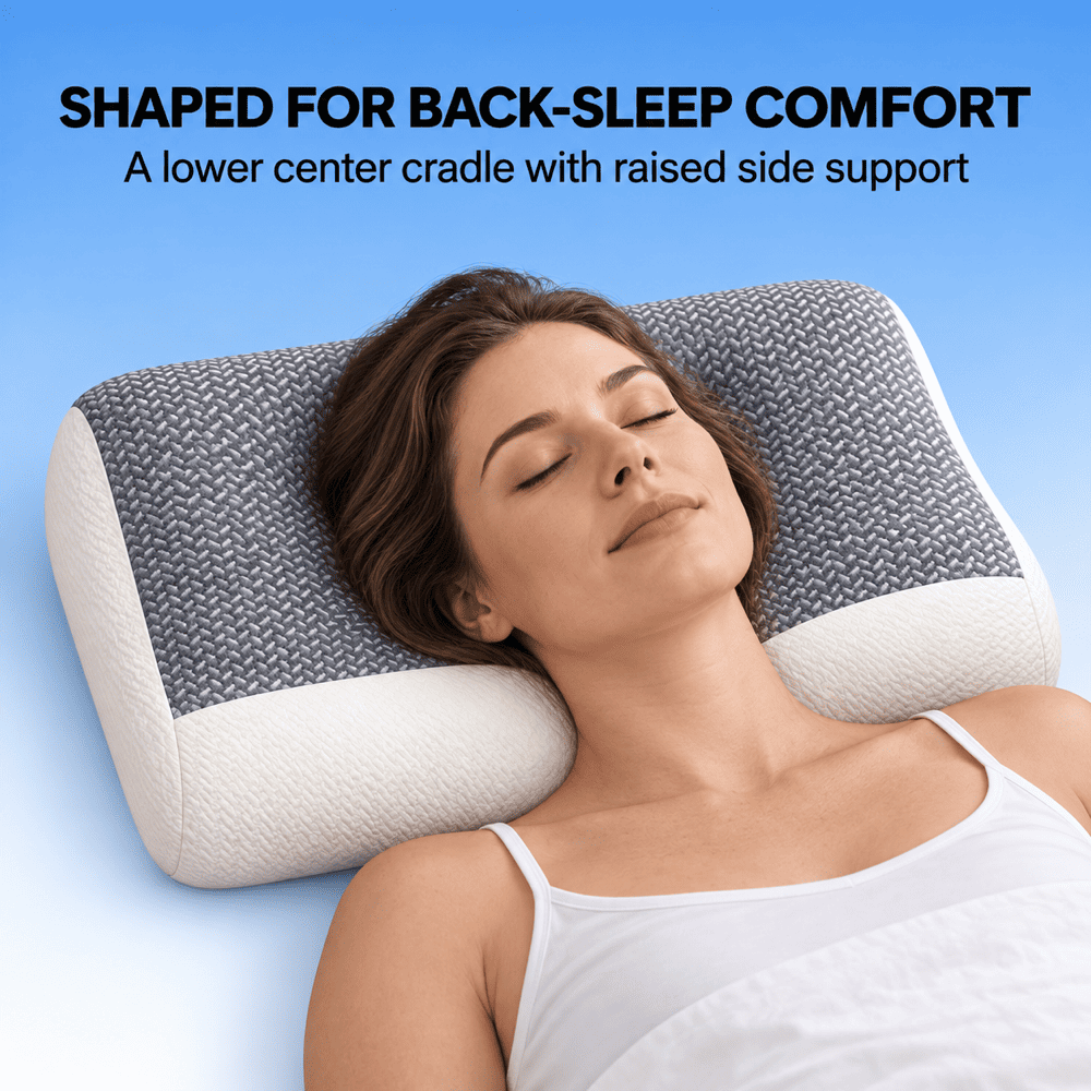 A woman lying down with her eyes closed on a contoured pillow, with text at the top reading 'SHAPED FOR BACK-SLEEP COMFORT' and 'A lower center cradle with raised side support.' The pillow has a textured gray top section and a smooth white lower section.