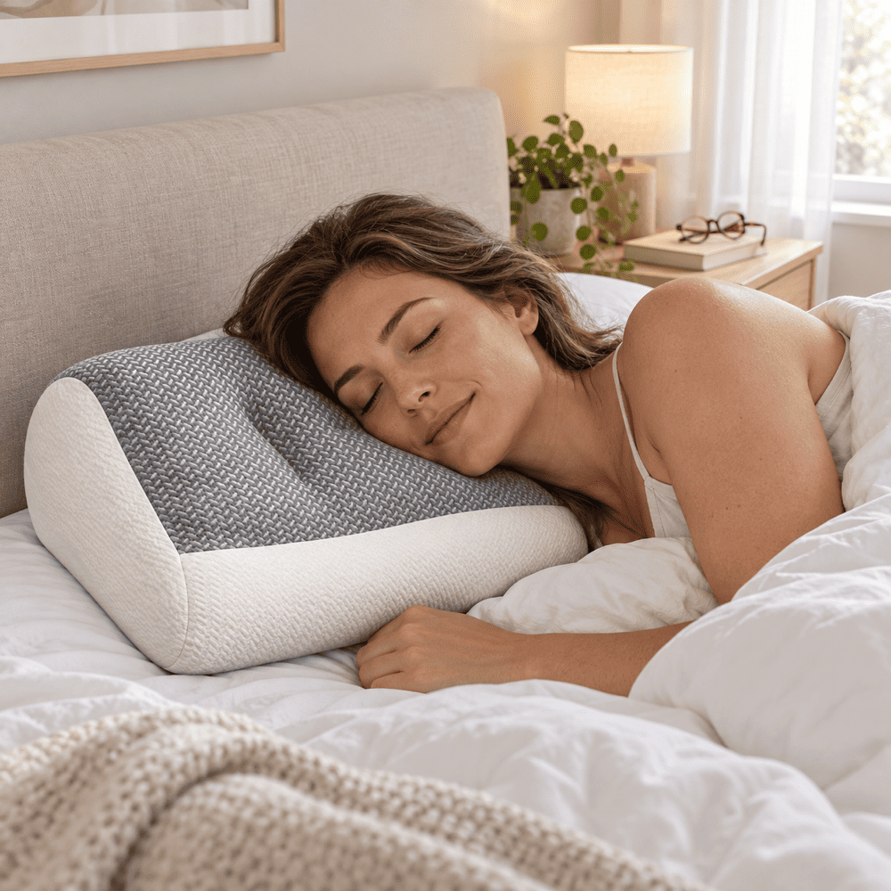 A woman sleeping comfortably on a contoured memory foam pillow in a cozy, softly lit bedroom. The pillow features a textured gray top and a smooth white side, nestled in white bedding.