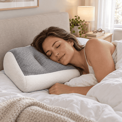 A woman sleeping comfortably on a contoured memory foam pillow in a cozy, softly lit bedroom. The pillow features a textured gray top and a smooth white side, nestled in white bedding.