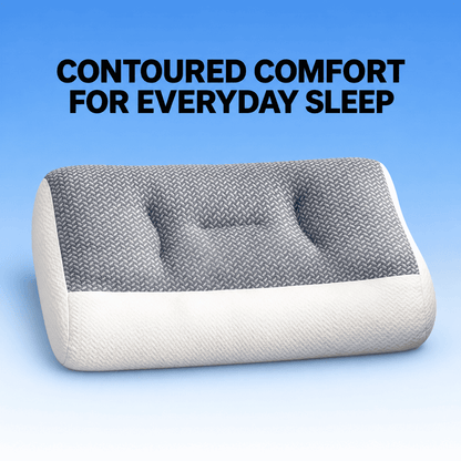 Gray and ivory contoured sleeping pillow with raised sides and a shallow center cradle on a blue gradient background