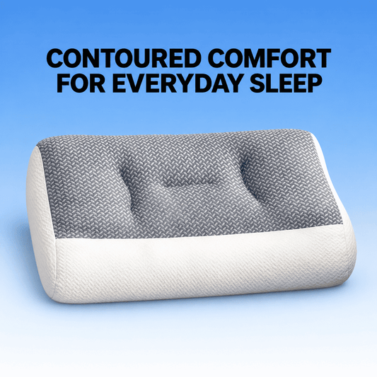 Gray and ivory contoured sleeping pillow with raised sides and a shallow center cradle on a blue gradient background