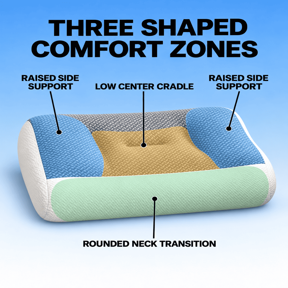 An explanatory product graphic showing a contoured pillow with labeled comfort zones: raised side support, low center cradle, and rounded neck transition. The image includes text reading 'THREE SHAPED COMFORT ZONES' and callout lines pointing to different colored sections of the pillow.
