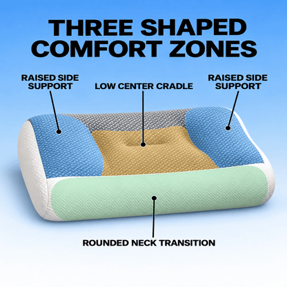 An explanatory product graphic showing a contoured pillow with labeled comfort zones: raised side support, low center cradle, and rounded neck transition. The image includes text reading 'THREE SHAPED COMFORT ZONES' and callout lines pointing to different colored sections of the pillow.