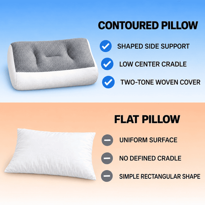 Comparison graphic showing two pillow styles: a contoured pillow with a gray textured top and white base, and a flat white rectangular pillow. Text lists features such as shaped side support, low center cradle, two-tone woven cover, uniform surface, no defined cradle, and simple rectangular shape.