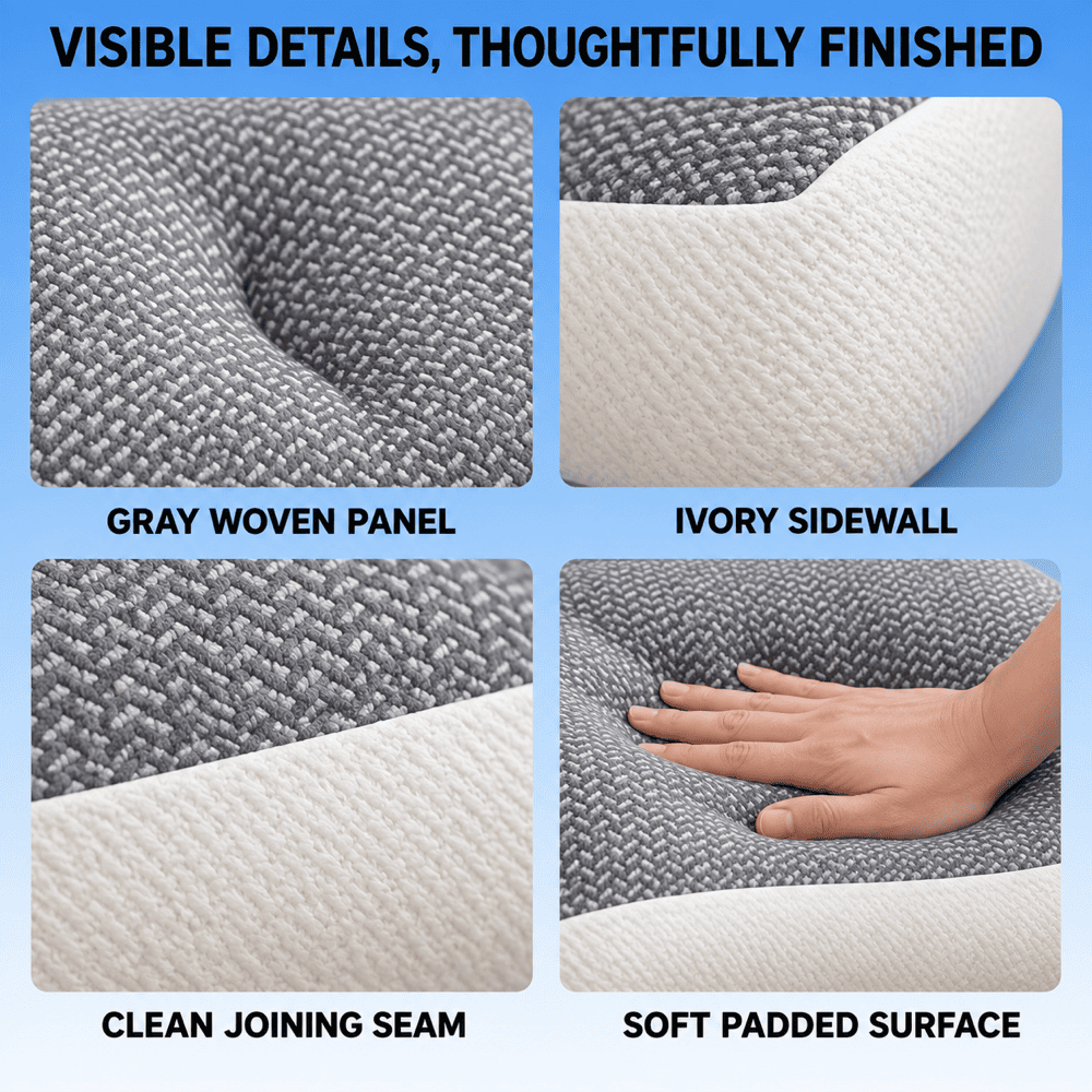 Four-panel close-up showing fabric and edge details of a cushion or mattress topper: gray woven panel, ivory sidewall, clean joining seam, and soft padded surface, with a hand pressing into the material. Text at the top reads 'VISIBLE DETAILS, THOUGHTFULLY FINISHED.