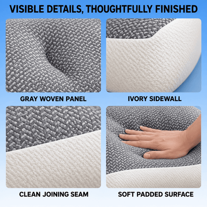 Four-panel close-up showing fabric and edge details of a cushion or mattress topper: gray woven panel, ivory sidewall, clean joining seam, and soft padded surface, with a hand pressing into the material. Text at the top reads 'VISIBLE DETAILS, THOUGHTFULLY FINISHED.