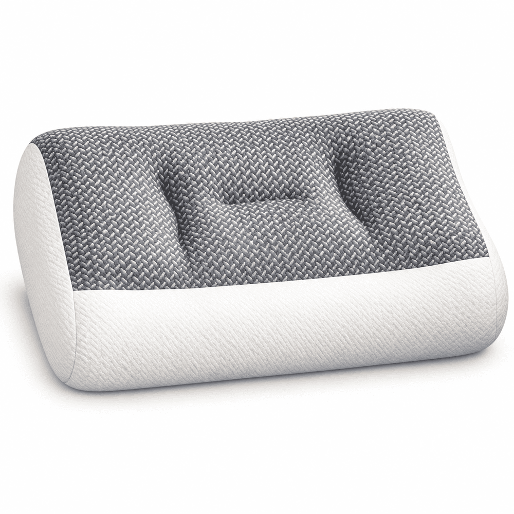 A contoured cervical pillow with a textured gray and white patterned top section and a smooth white lower section, shown on a clean white background.