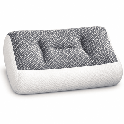 A contoured cervical pillow with a textured gray and white patterned top section and a smooth white lower section, shown on a clean white background.