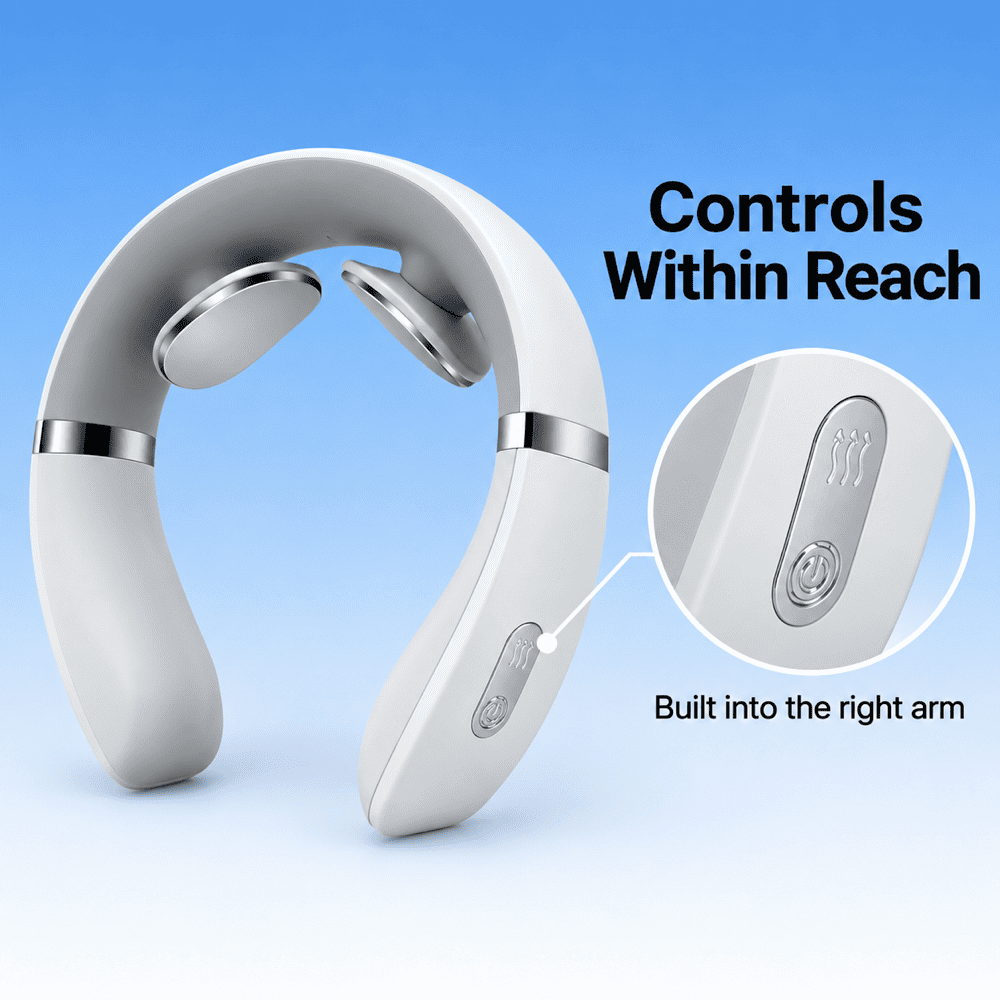 White neck massager with a close-up of the integrated control panel on its right arm