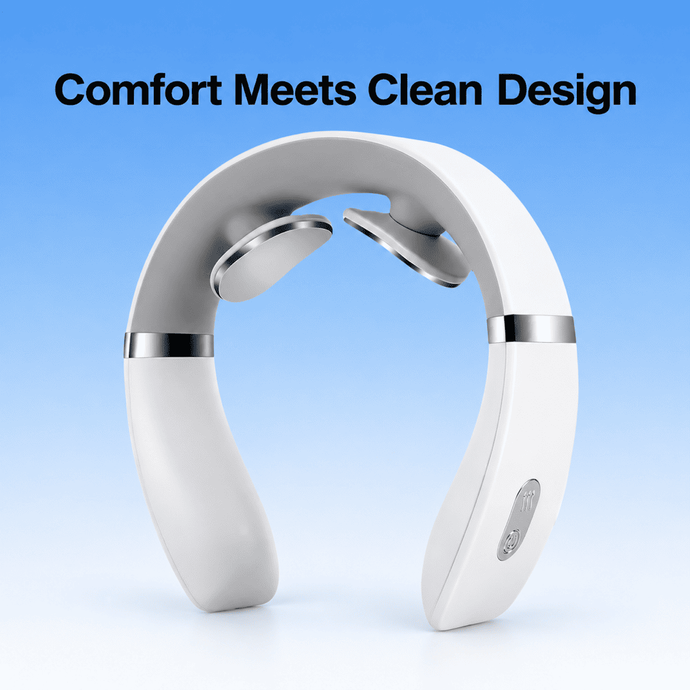 White U-shaped neck massager with two silver inner contact pads and chrome accents on a blue gradient background