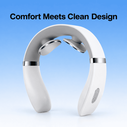 White U-shaped neck massager with two silver inner contact pads and chrome accents on a blue gradient background