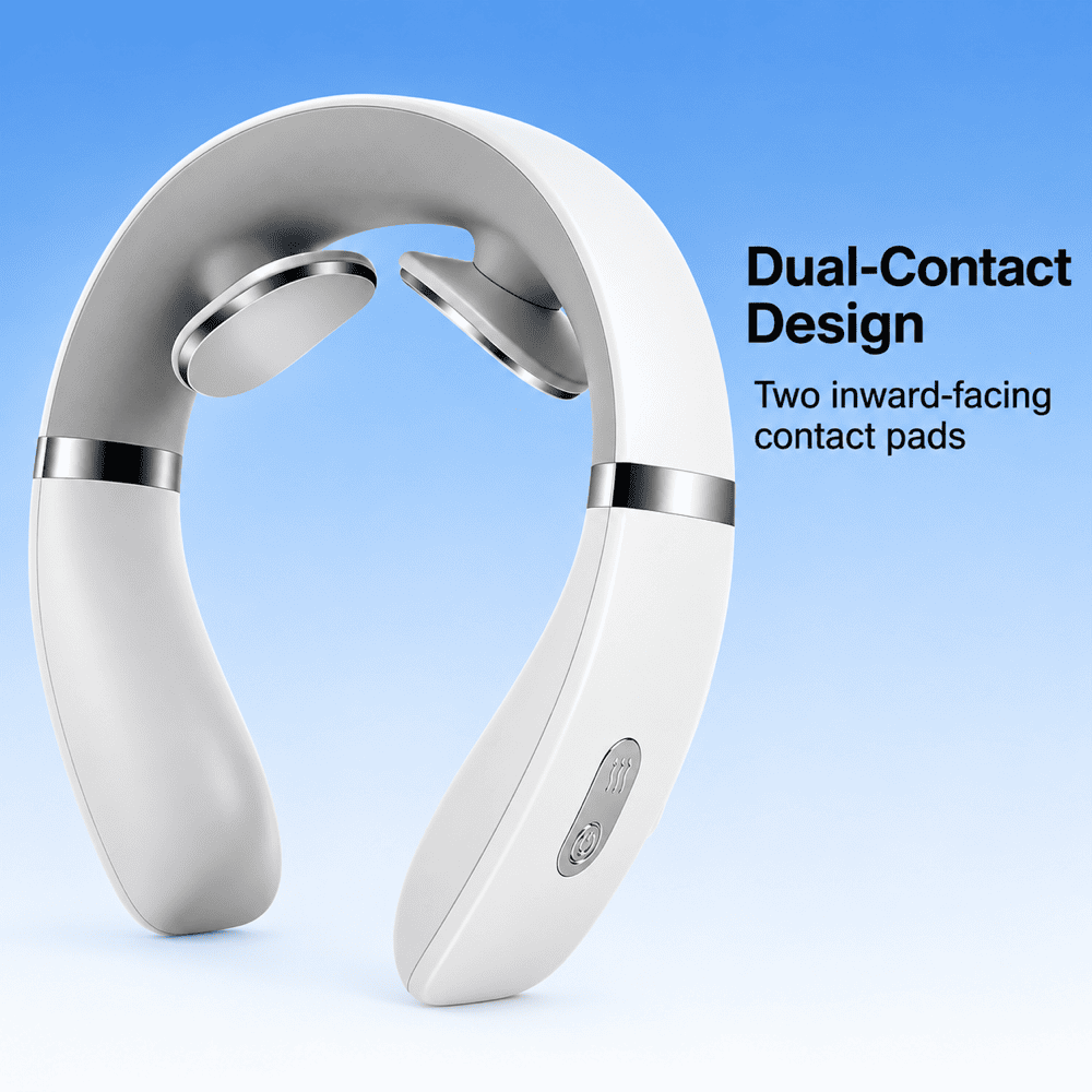 White U-shaped neck massager with two inward-facing oval silver contact pads