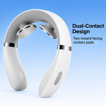 White U-shaped neck massager with two inward-facing oval silver contact pads