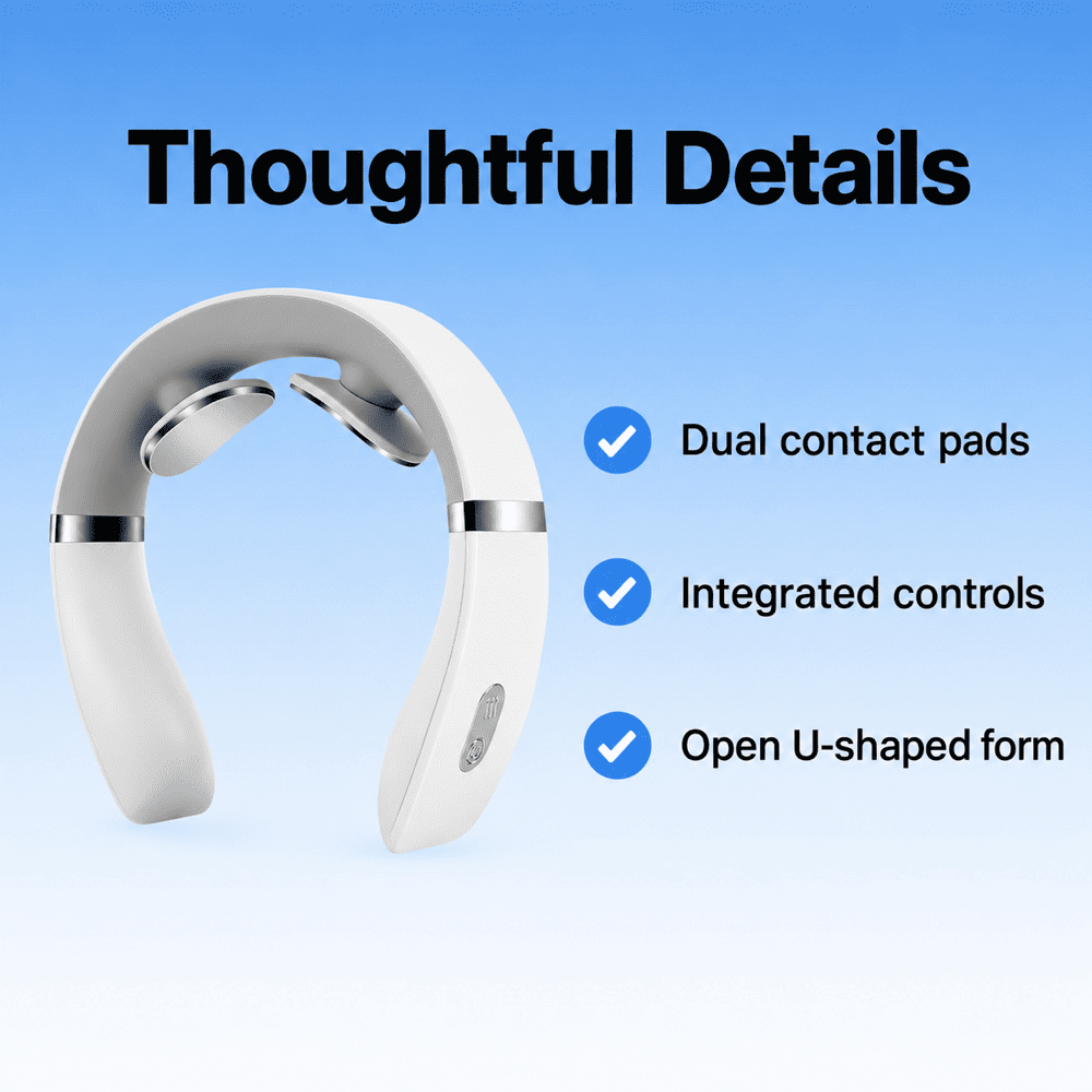 White neck massager showing dual contact pads, integrated controls and an open U-shaped design