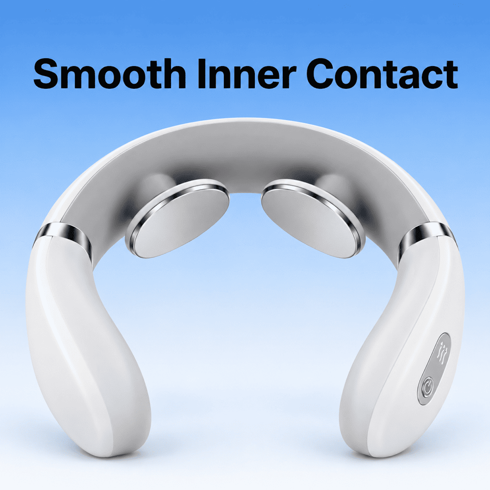 Front view of a white neck massager showing its curved inner surface and two silver contact pads