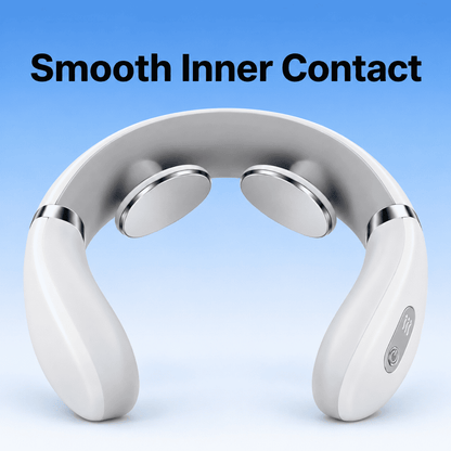 Front view of a white neck massager showing its curved inner surface and two silver contact pads