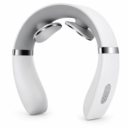 White U-shaped neck massager with silver contact pads and built-in controls on a white background