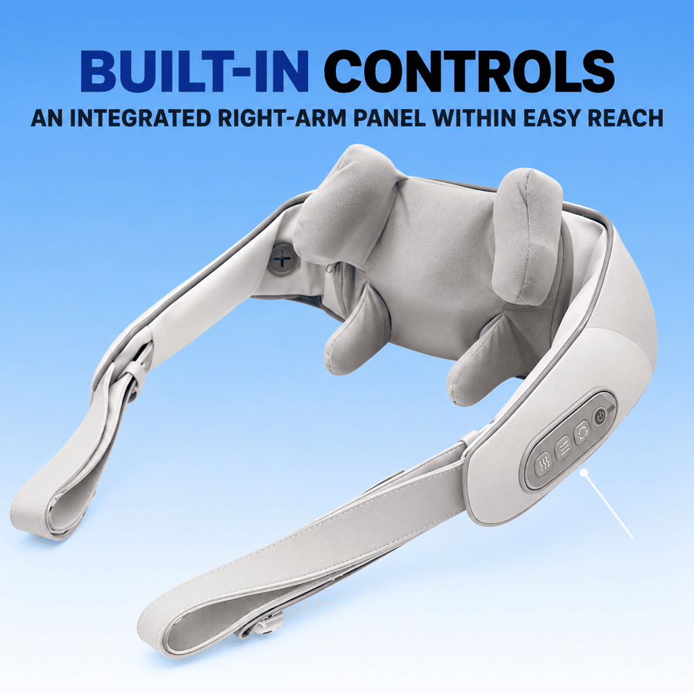Gray neck and shoulder massager with an integrated button control panel on the outer right arm