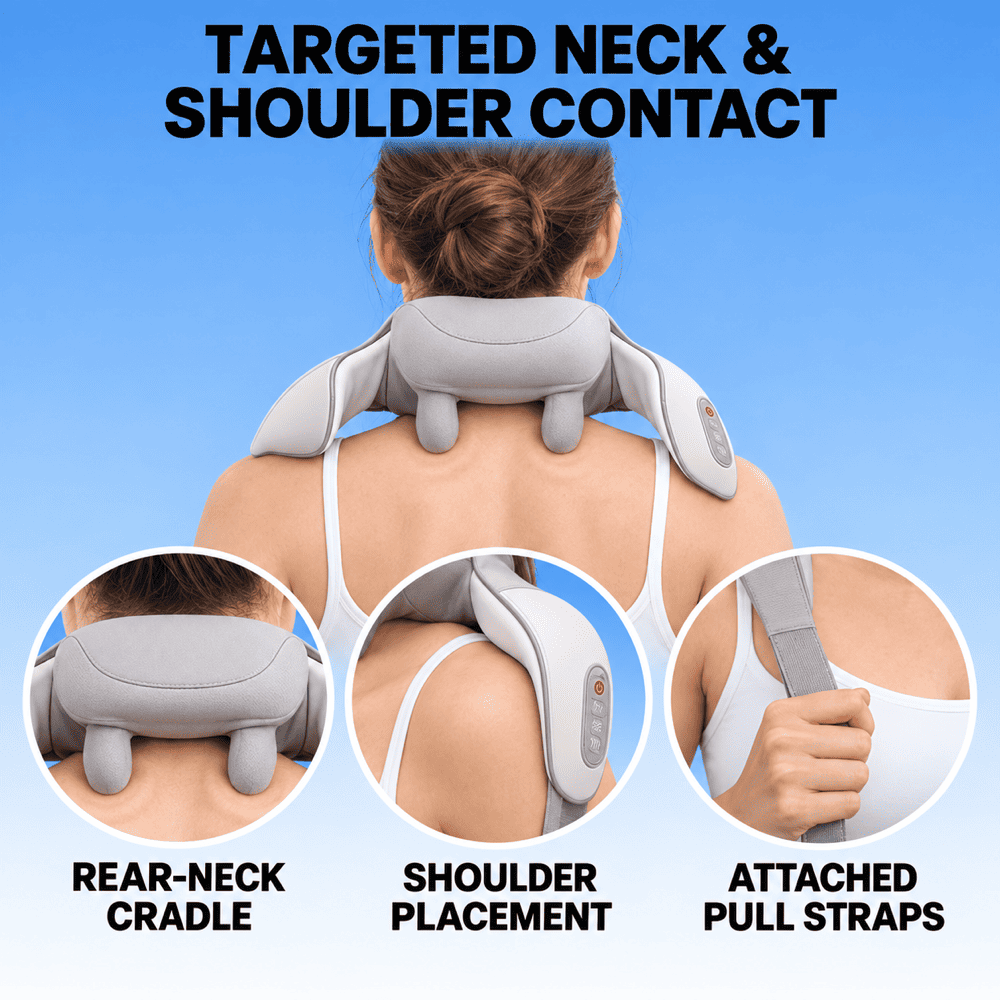 Rear view of a woman wearing a gray neck and shoulder massager, with close-ups of the cradle, arm and pull strap