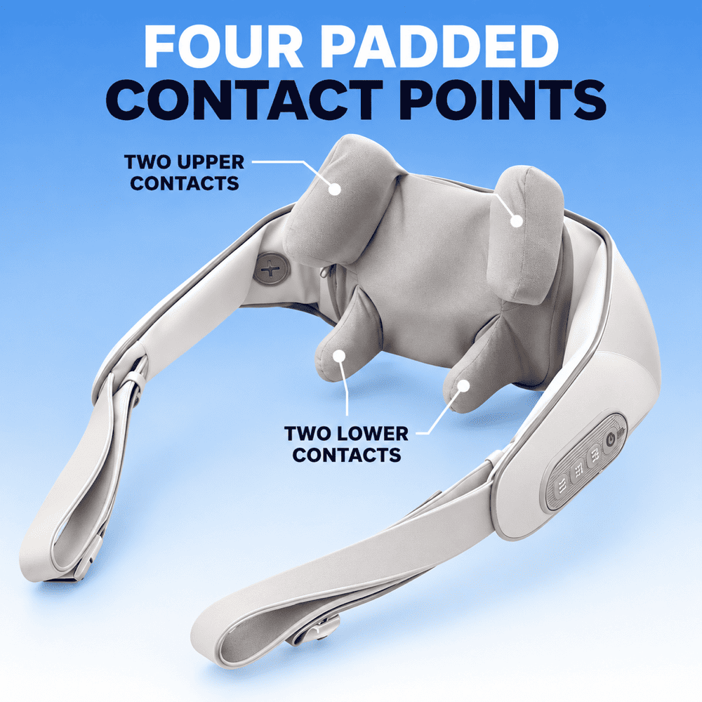 Gray neck and shoulder massager with four padded contact points arranged in two upper and two lower pairs