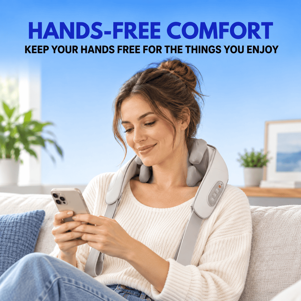 Woman wearing a gray neck and shoulder massager while using her phone on a sofa at home