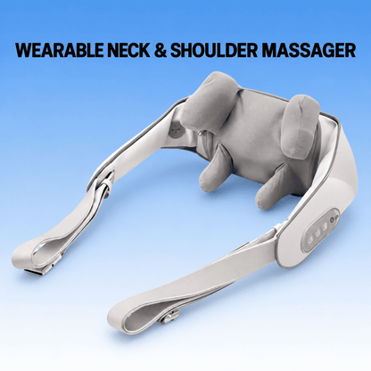Gray wearable neck and shoulder massager with padded contacts and long pull straps on a blue gradient background