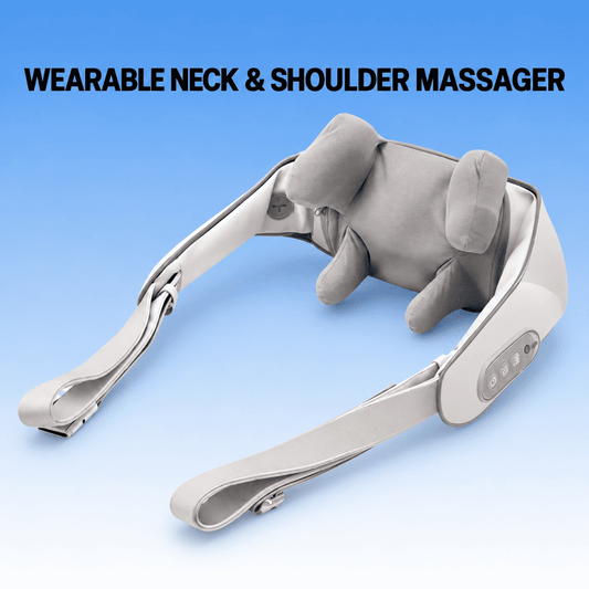 Gray wearable neck and shoulder massager with padded contacts and long pull straps on a blue gradient background