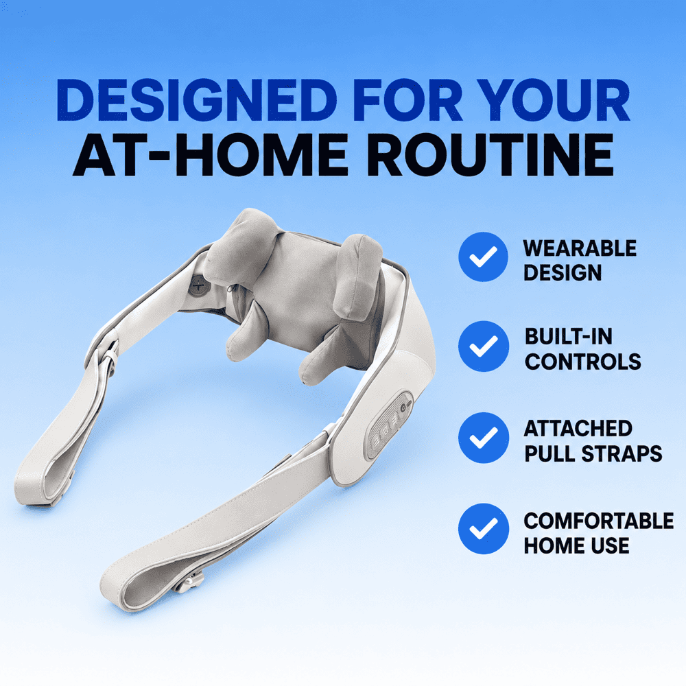 Gray neck and shoulder massager showing curved shoulder arms, attached pull straps and built-in controls
