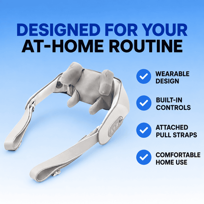 Gray neck and shoulder massager showing curved shoulder arms, attached pull straps and built-in controls