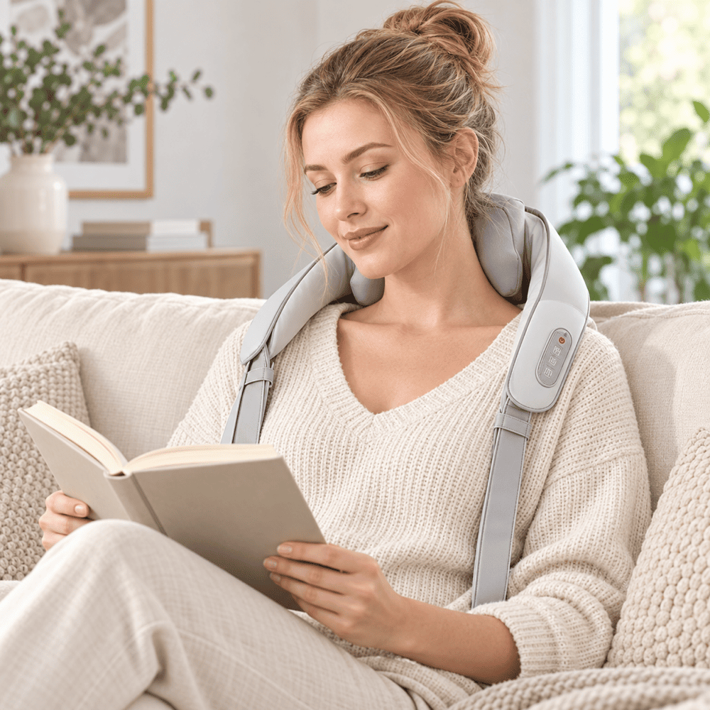 Woman wearing a gray neck and shoulder massager while reading a book on a sofa at home