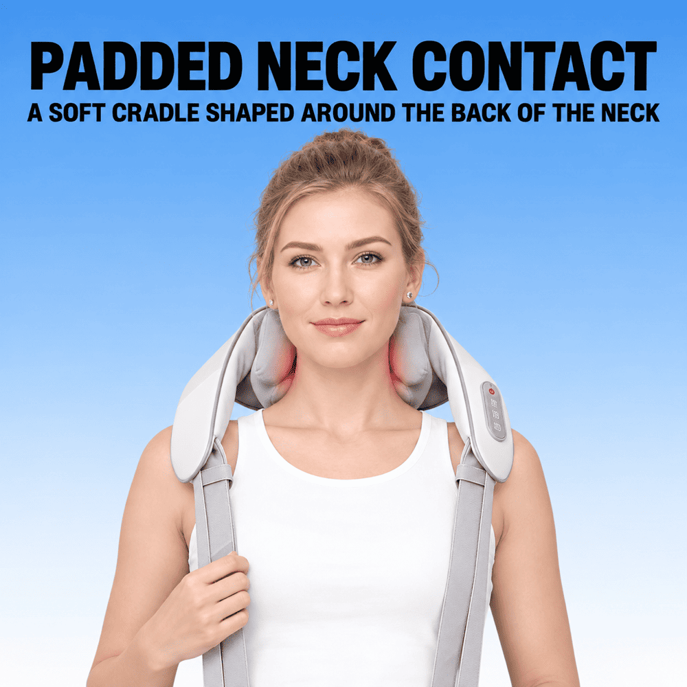 Woman wearing a gray neck and shoulder massager with the padded cradle positioned behind her neck
