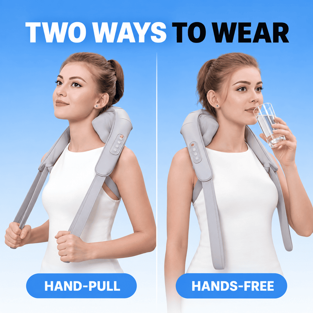 Woman demonstrating pull-strap and hands-free use of a gray neck and shoulder massager