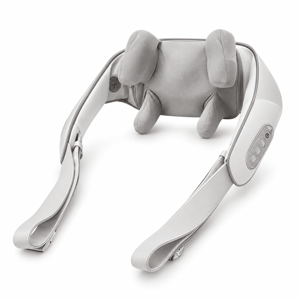 Gray and white neck and shoulder massager with four padded contacts and attached pull straps on a white background