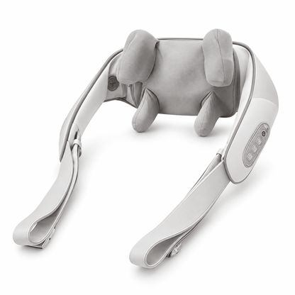 Gray and white neck and shoulder massager with four padded contacts and attached pull straps on a white background
