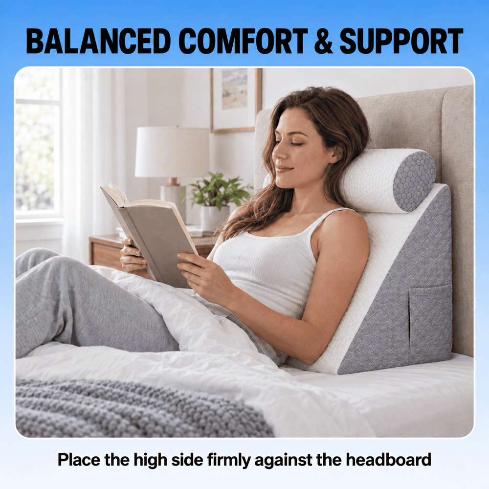 A woman reclining in bed using a gray and white contoured memory foam pillow for support, with text overlays explaining its benefits.