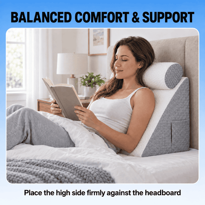 A woman reclining in bed using a gray and white contoured memory foam pillow for support, with text overlays explaining its benefits.