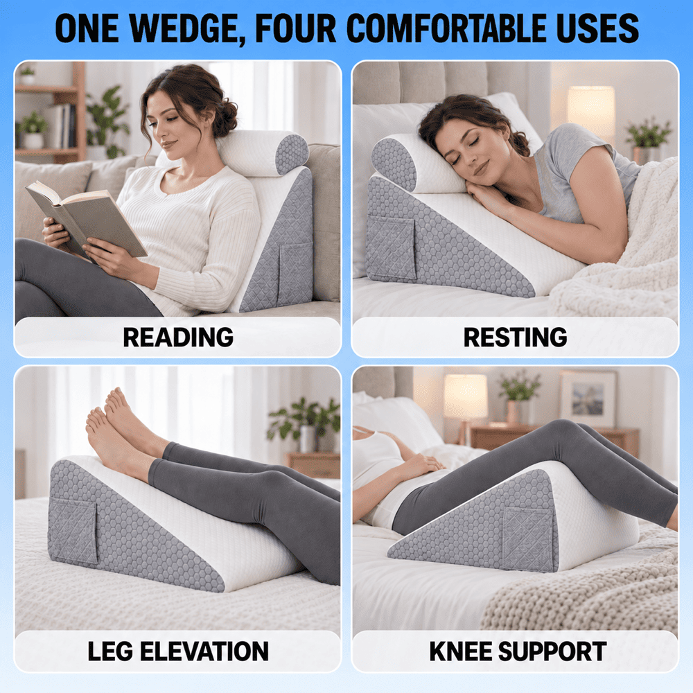 A four-panel promotional graphic showing a wedge-shaped pillow in four bedroom/living room settings: a woman reading, a woman resting, the pillow supporting raised legs, and the pillow supporting a knee. Large text at the top reads “ONE WEDGE, FOUR COMFORTABLE USES,” with labels beneath each panel: “READING,” “RESTING,” “LEG ELEVATION,” and “KNEE SUPPORT.