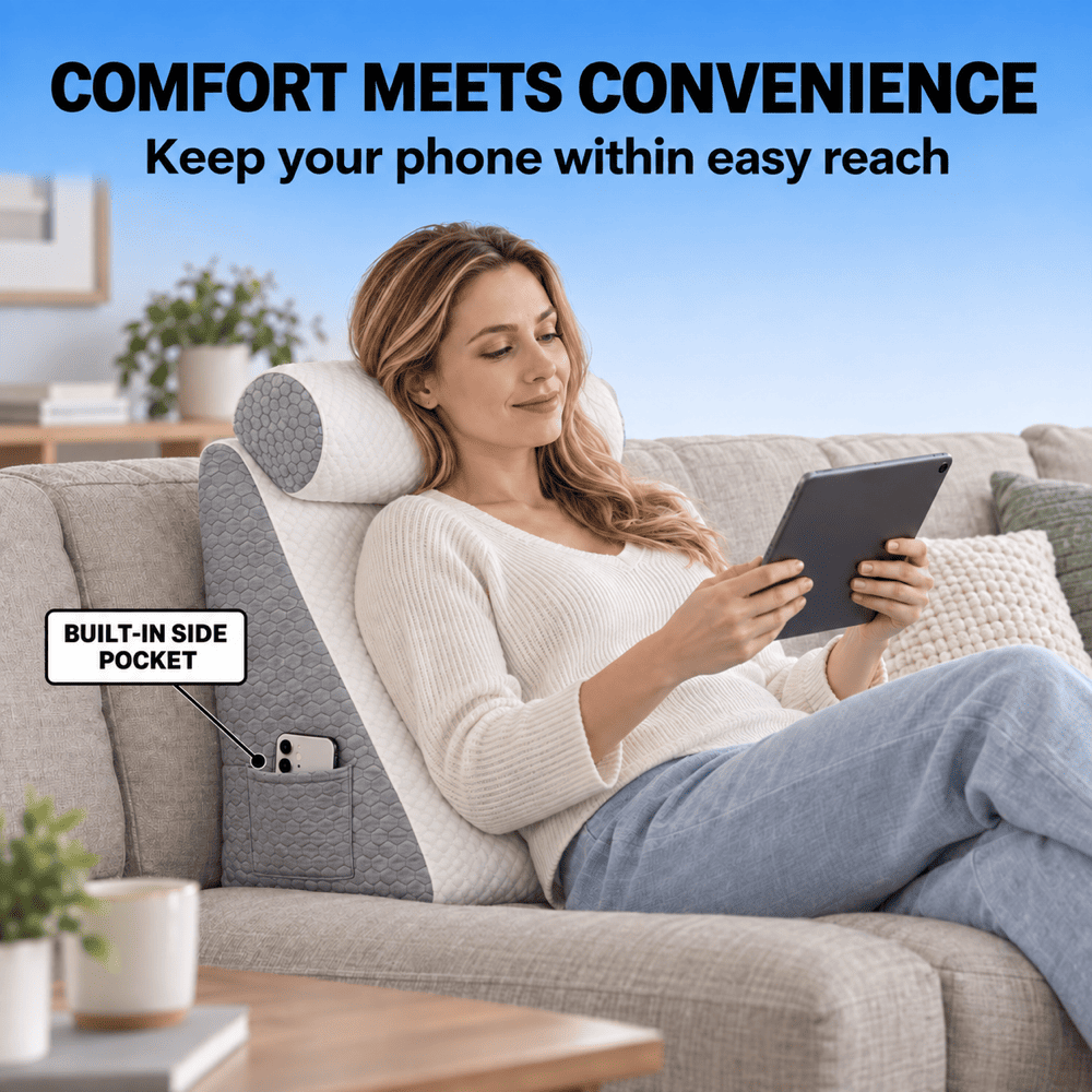 A woman reclines on a gray sofa using a built-in side pocket phone holder, with a tablet in her hands and a phone visible in the pocket. The scene includes promotional text at the top reading 'COMFORT MEETS CONVENIENCE' and a callout that says 'BUILT-IN SIDE POCKET'.