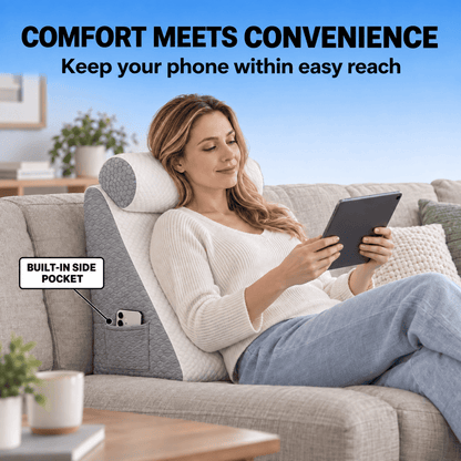 A woman reclines on a gray sofa using a built-in side pocket phone holder, with a tablet in her hands and a phone visible in the pocket. The scene includes promotional text at the top reading 'COMFORT MEETS CONVENIENCE' and a callout that says 'BUILT-IN SIDE POCKET'.