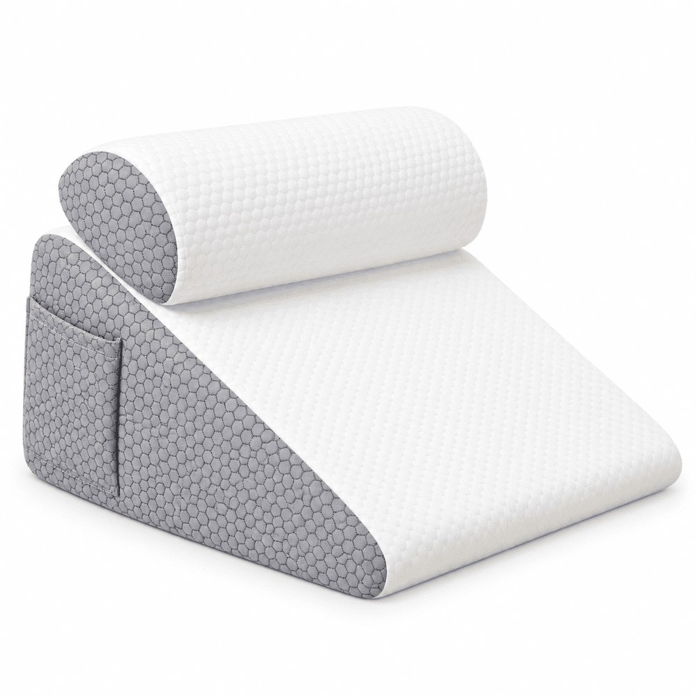 A white contoured pillow with a gray honeycomb-patterned side pocket and base, shown on a clean white background.